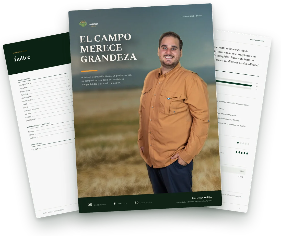 Portada, índice y una ficha del catálogo Agrifor 2026